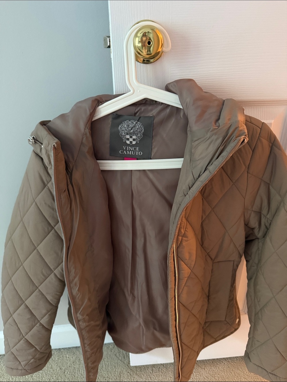 Vince Camuto Quilted Puffer Jacket in Taupe Brown